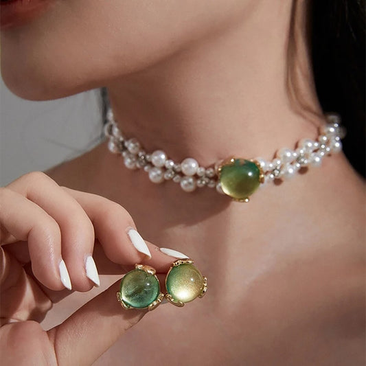 Waterfresh Pearl Green Opal Pendant Choker Necklace